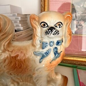 Staffordshire Style Vintage Pekingese Decorative Dog Figurine in Cream and Blue